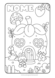 Desenho para personalizar Fofo Kawaii Coelho Cogumelo Frutas Casa Morango Animais da floresta