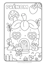 Coloriage à personnaliser Mignon Kawaii Lapin Champignon Fruits Maison Fraise Animaux de la forêt