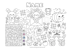 Free coloring Spring Bunny Coloring by numbers Connect the dots Easter I spy Trace and color Forest animals Printable Placemat