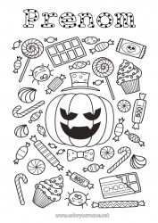 Coloriage gratuit Bonbons Citrouille Halloween Jack O'Lantern Gourmandises, sucreries Sucette