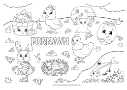 Gratis farvelægning Kawaii Høne Forår Kylling Kanin Dyr Påskeæg Påske Kurv Fugle og flyvende pattedyr Gårdsdyr Skovens dyr Fuglerede