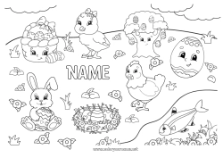 Free coloring Kawaii Hen Spring Chick Bunny Animal Easter eggs Easter Basket Farm animals Forest animals