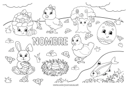Colorear para personalizar Kawaii Gallina Primavera Pollito Conejo Animales Huevos de Pascua Pascua de Resurrección Cesta Aves y mamíferos voladores Animales de granja Animales del bosque Nido de pájaro