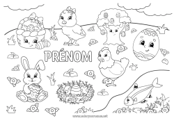 Dessin gratuit Kawaii Poule Printemps Poussin Lapin Animal Oeufs de Pâques Pâques Panier Oiseaux et mammifères volants Animaux de la ferme Animaux de la forêt Nid d'oiseau