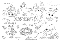 Malvorlage anpassen Kawaii Huhn Frühling Küken Hase Tier Ostereier Ostern Korb Vögel und fliegende Säugetiere Bauernhoftiere Waldtiere Vogelnest
