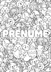 Pagină de colorat personalizată Pui Iepure Nume decorat Ouă de Paște Paște Doodle Animale de fermă Animale din pădure
