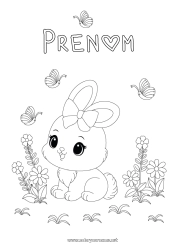 Coloriage gratuit Mignon Fleurs Printemps Lapin Papillon Animal Pâques Insectes Animaux de la forêt