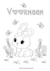 Gratis tekening Schattig Bloemen Lente Konijn Vlinder Dier Pasen Insecten Bosdieren