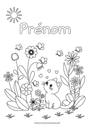 Coloriage gratuit Mignon Fleurs Chat Printemps Papillon Animal Insectes Chiens et chats