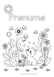 Pagină de colorat gratuită Drăguț Flori Pisică Primăvară Fluture Animal Insecte Câini și pisici