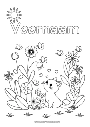 Gratis kleurplaat Schattig Bloemen Kat Lente Vlinder Dier Insecten Honden en katten