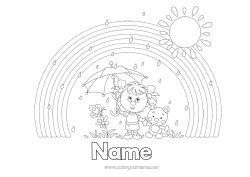 Colouring to customise Cat Girl Autumn Spring Sun Umbrella Rainbow Rain Dogs And Cats
