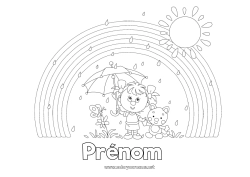 Coloriage gratuit Chat Fille Automne Printemps Soleil Parapluie Arc en ciel Pluie Chiens et chats