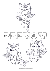 Coloriage gratuit Chat Kawaii Animal Sirène Chiens et chats