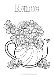 Colouring to customise Flowers Summer Spring Butterfly Vase Insects Teapot