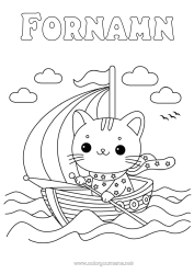 Gratis färgläggning Katt Hav Fordon Båt Segelbåt Hundar och katter Marina fordon Vågor