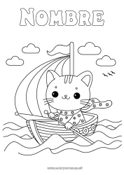 Colorear gratis Cat Mar Vehículos Barco Velero Perros y gatos Vehículos marítimos Olas