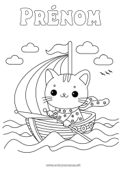 Dessin gratuit Chat Mer Véhicules Bateau Voilier Chiens et chats Véhicules maritimes Vagues