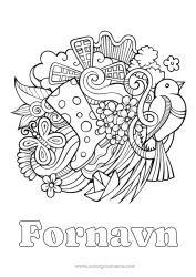 Fargeleggingssiden å tilpasse Blomster Rolig og zen Fugl Vår Sommerfugl Symboler Doodle Insekter Anti-stress Fugler og flygende pattedyr Støvler