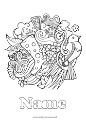 Coloring to customize Flowers Calm and zen Bird Spring Butterfly Symbols Doodle Insects Antistress Flying birds and mammals Boots