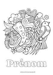 Coloriage gratuit Fleurs Calme et zen Oiseau Printemps Papillon Symboles Doodle Insectes Anti-stress Oiseaux et mammifères volants Bottes