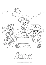 Free colouring Beach Child Shellfish Marine or aquatic animals Sandcastle Beach ball Games and toys