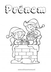 Dessin gratuit Cadeaux Lutins de Noël Noël Cheminée Coloriages lutins