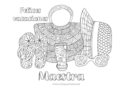 Niño página para colorear Vacaciones Verano Sombrero Niñera Chanclas Gafas Gafas de sol