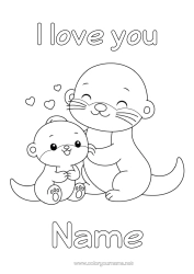 Colouring to customise Heart Cute I Love You. Animal "I Love You" Marine Or Aquatic Animals Adult Baby Otter Cub