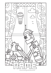 Free colouring Robot Café Drink Window Breakfast
