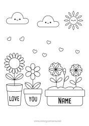Colouring to customise Flowers Heart "I Love You" Sunflower Easy Colouring Pages Green Plant