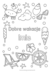 Kolorowanka za darmo Lato Krab Słodkości, łakocie Lód Symbole Muszle Gwiazda morska Zwierzęta morskie lub wodne Leżak Okulary przeciwsłoneczne