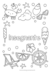 Pagina da colorare per bambini Estate Granchio Dolci, zuccherini Gelato Simboli Conchiglie Stella marina Animali marini o acquatici Sdraio Occhiali da sole