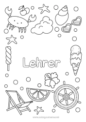 Kinder-Malvorlage Sommer Krebs Leckereien, Süßigkeiten Eis Symbole Muscheln Seestern Meeres- oder Wasserlebewesen Liegestuhl Sonnenbrille