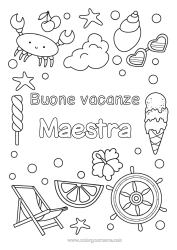 Colorazione gratuita Estate Granchio Dolci, zuccherini Gelato Simboli Conchiglie Stella marina Animali marini o acquatici Sdraio Occhiali da sole Barra di Barco