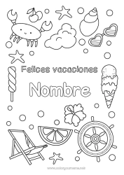Colorear para personalizar Verano Cangrejo Golosinas Helado Simbolos Conchas marinas Estrella de mar Animales marinos o acuáticos Tumbona Gafas de sol