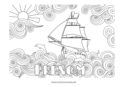Dessin gratuit Soleil Mer Véhicules Dauphin Bateau Voilier Zentangle Animaux marins ou aquatique Véhicules maritimes Vagues