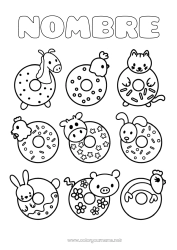 Colorear para personalizar Tarta Ovejas Kawaii Gallina Animales Donuts Golosinas Animales de granja