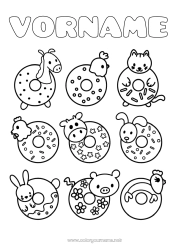 Malvorlage anpassen Kuchen Schaf Kawaii Huhn Tier Donuts Leckereien, Süßigkeiten Bauernhoftiere