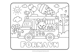 Gratis tegning Sød Kawaii Kanin Lastbil Dyr Slik, søde sager Is. Skovens dyr Lastbiler og erhvervskøretøjer Køkkenfag