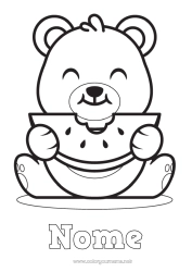 Desenho para personalizar Urso Fofo Kawaii Animal Filhote de urso Frutas Desenhos para colorir fáceis Animais da floresta Melancia