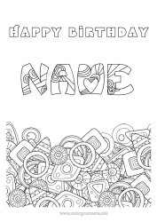 Colouring to customise Happy Birthday Decorated Name Geometric Shapes