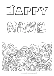 Child coloring page Happy feast day ! Decorated name Geometric shapes