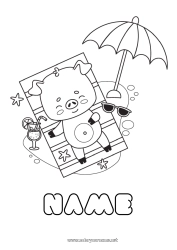 Coloring to customize Pig Beach Animal Farm animals Parasol, Beach umbrella Cocktail Glasses