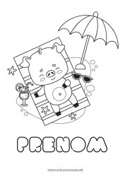 Coloriage à personnaliser Cochon Plage Animal Animaux de la ferme Parasol Cocktail Lunettes