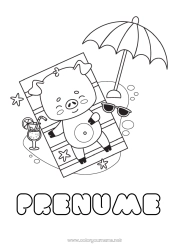 Pagină de colorat gratuită Porc Plajă Animal Animale de fermă Umbrelă de soare Cocktail Ochelari