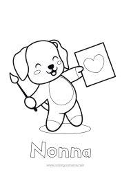 Pagina da colorare per bambini Carino Cuore Arte Kawaii Cane Animale Pennello Tata CanI e gatti Allenatore Competizioni e premi Pittura