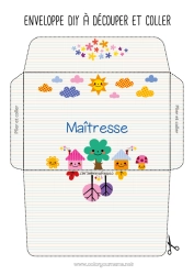 Coloriage enfant Mignon Soleil Enveloppe Arbre Nounou École Maison Merci Enveloppe à imprimer Nuage