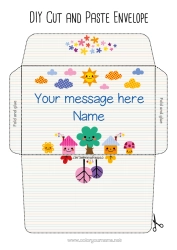 Colouring to customise Cute Sun Envelope Tree Nanny School House Thank You. Print Envelope Cloud