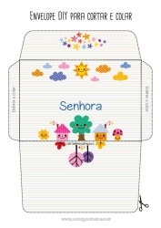 Página de desenho infantil Fofo Sol Envelope Árvore Babá Escola Casa Obrigado Envelope para imprimir Nuvem